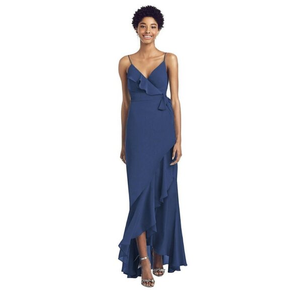 Dessy Collection Social Bridesmaids Blue 8198 Crepe Ruffled High Low Wrap Dress - Picture 1 of 7